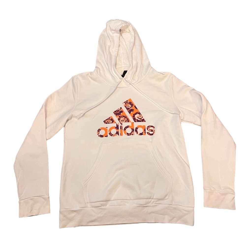 Adidas Original Jacket Women Sz Large White Pullover Hoodie White‎ w/ Roses